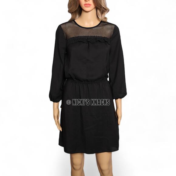 Le Gali Black Fishnet Mini Dress Drawstring Waist Babydoll 3/4 Sleeve Size XS - Picture 3 of 12